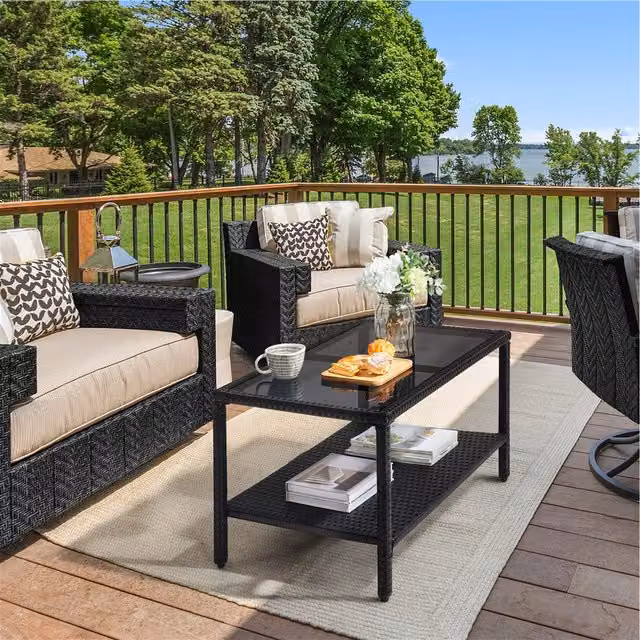 Yaheetech Modern 2-Layer Black Rattan Patio Garden Table with Transparent Glass Top