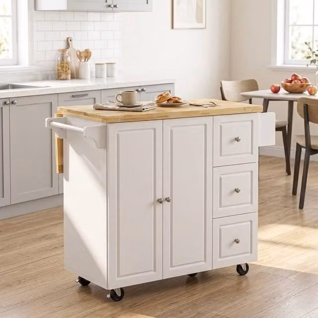 STILVORA Kitchen Island with Drop Leaf and Drawers in White Finish