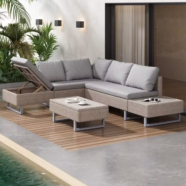 Home Touch Interior Modern Outdoor Rattan Corner Sofa Set with Recliner Seat and Side Table in Beige, Grey and Black