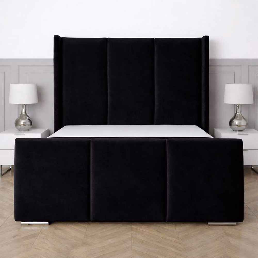 UK Bed Furniture Miami Wingback Upholstered Velvet Bed in Black, Size: 90 x 190 cm – 2