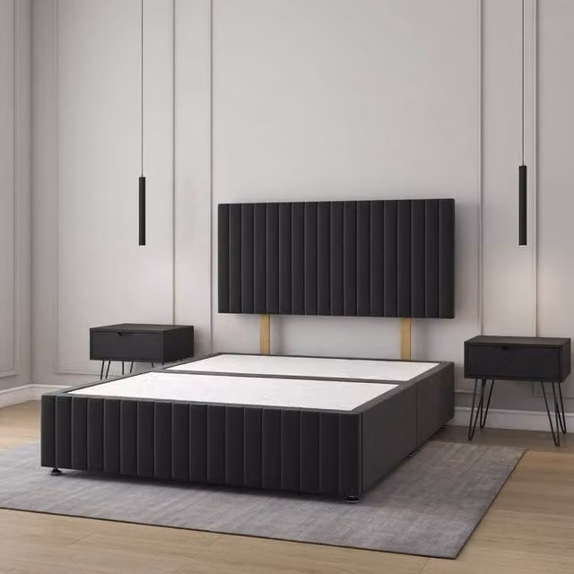 Regional Furnishings Plush Velvet Divan Bed Base with 24 inch Headboard and Footboard in Black, Super King, W/D/H: 200 x 200 cm