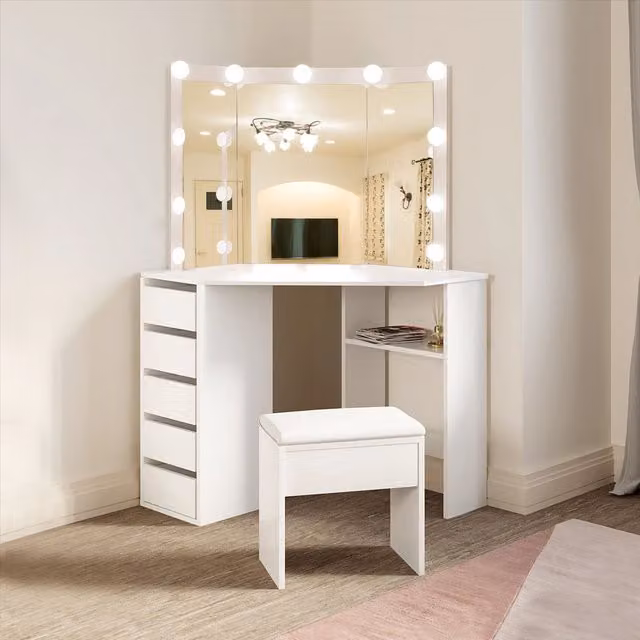 KOSY KOALA White Corner Dressing Table with LED Mirror and Stool Makeup Vanity Set