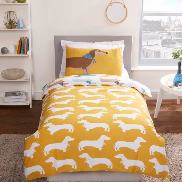 Rapport Home Sausage Dog Reversible Single Duvet Cover and Pillowcase Set in Multicolour and Yellow