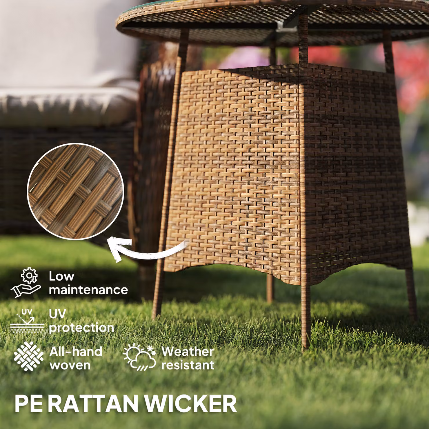 Outsunny Brown Wicker Rattan Round Garden Coffee Table with Tempered Glass Top and Umbrella Hole – 4