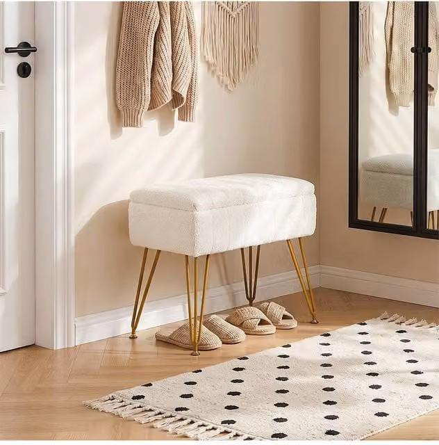 Living and Home Modern White Bouclé Upholstered Storage Ottoman Vanity Stool with Gold Metal Frame – 1