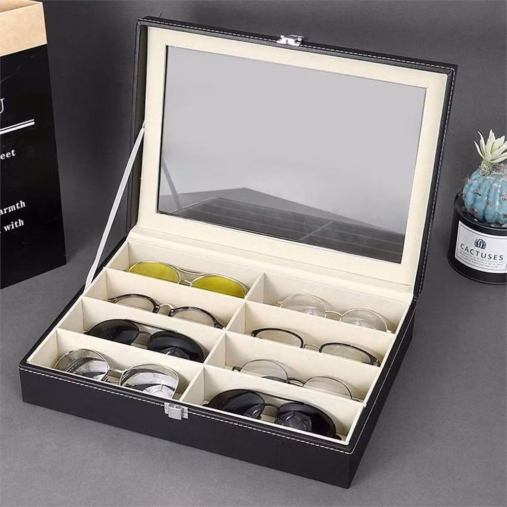 Nordara Black Leather and Glass 8 Grid Eyeglass and Sunglasses Storage Display Case with Lid – 4