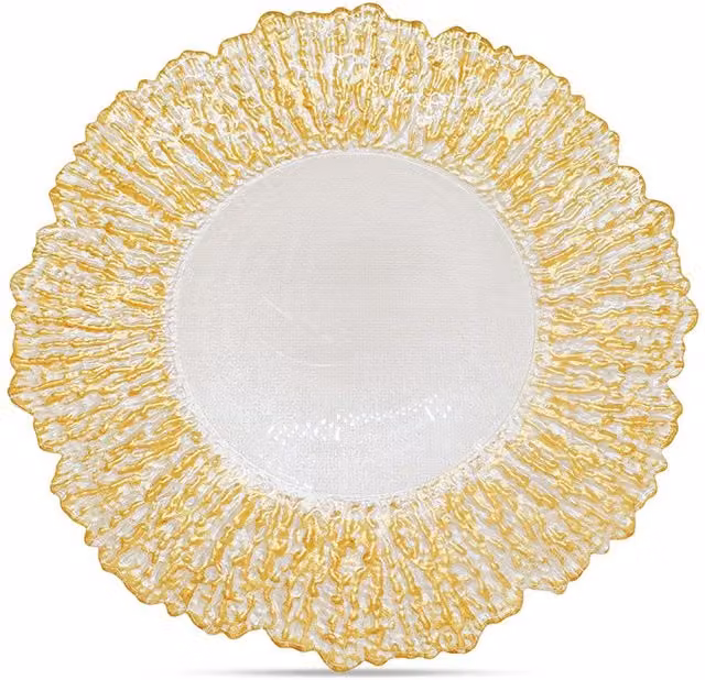 Neel Blue Set of 12 Crackled Glass Charger Plates in Metallic Gold, Diameter: 33 cm
