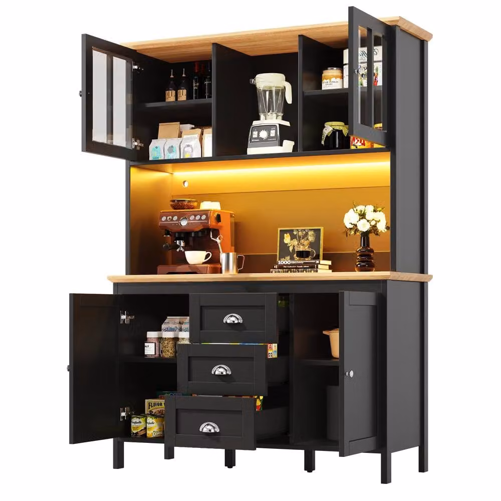 Merax Kitchen Pantry Cabinet in Black with Glass Doors and Drawers, H: 179 x W: 120 x D: 40 cm – 7