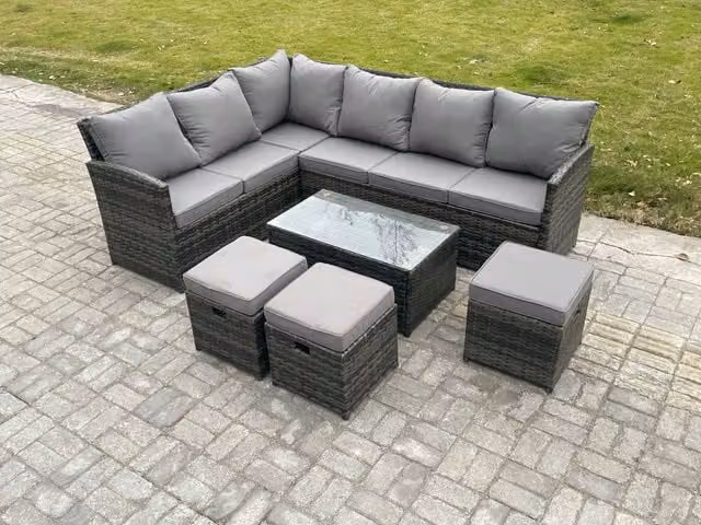 Fimous Rattan L-Shape Corner Sofa Set with Coffee Table and 3 Ottomans in Grey
