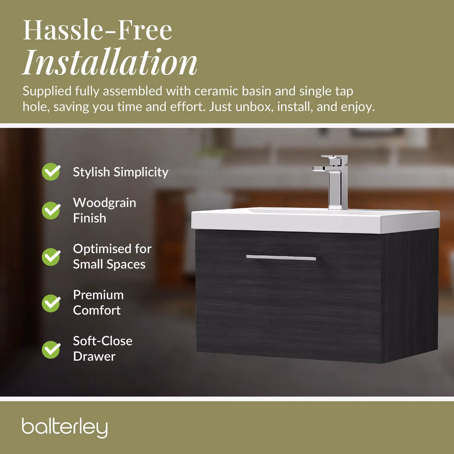 Balterley Satin Green and Black Wall Hung Bathroom Vanity Unit with 2 Soft Close Drawers, Width: 61 cm