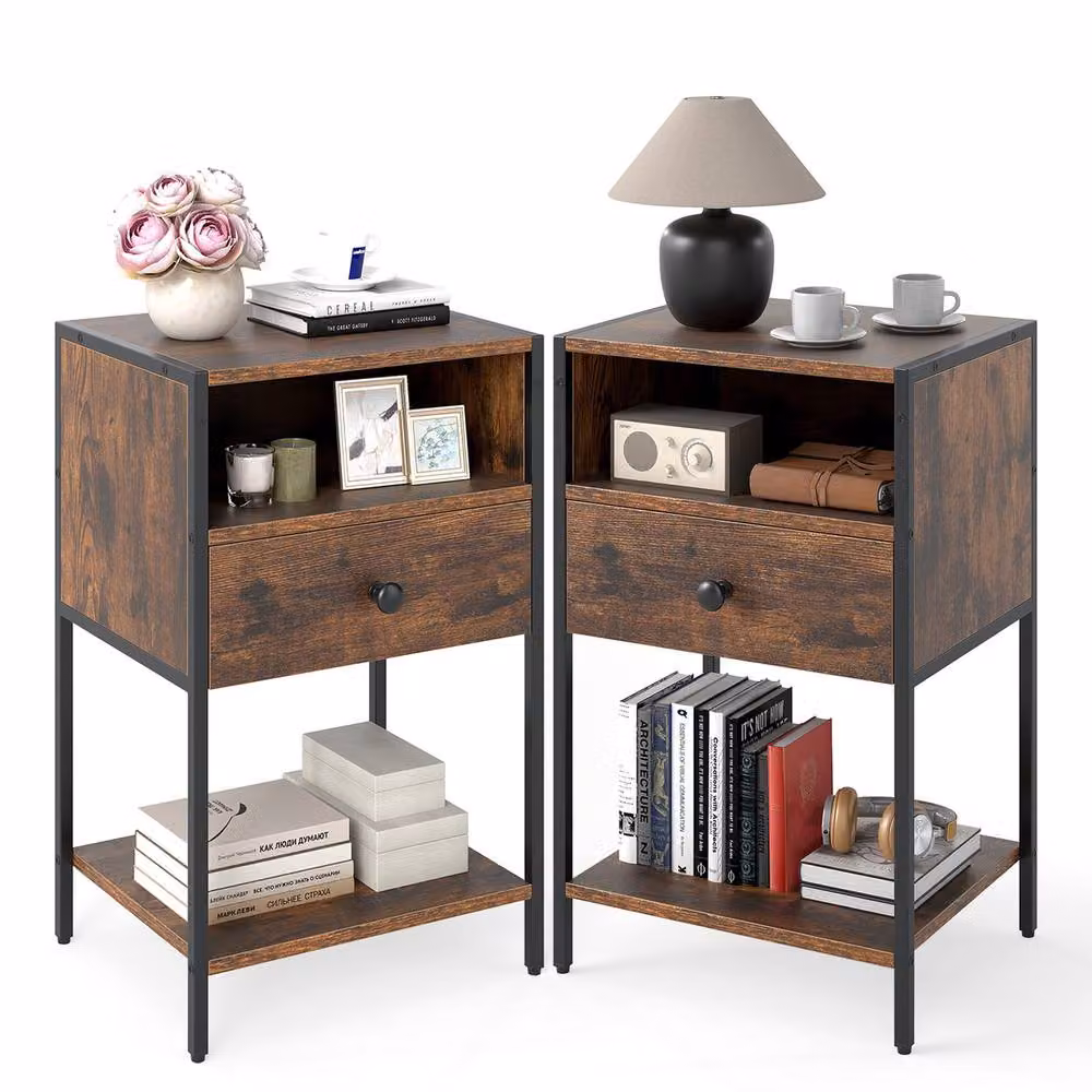 Gymax Industrial Nightstand End Table with Open Compartment Drawer and Shelf in Brown – 3