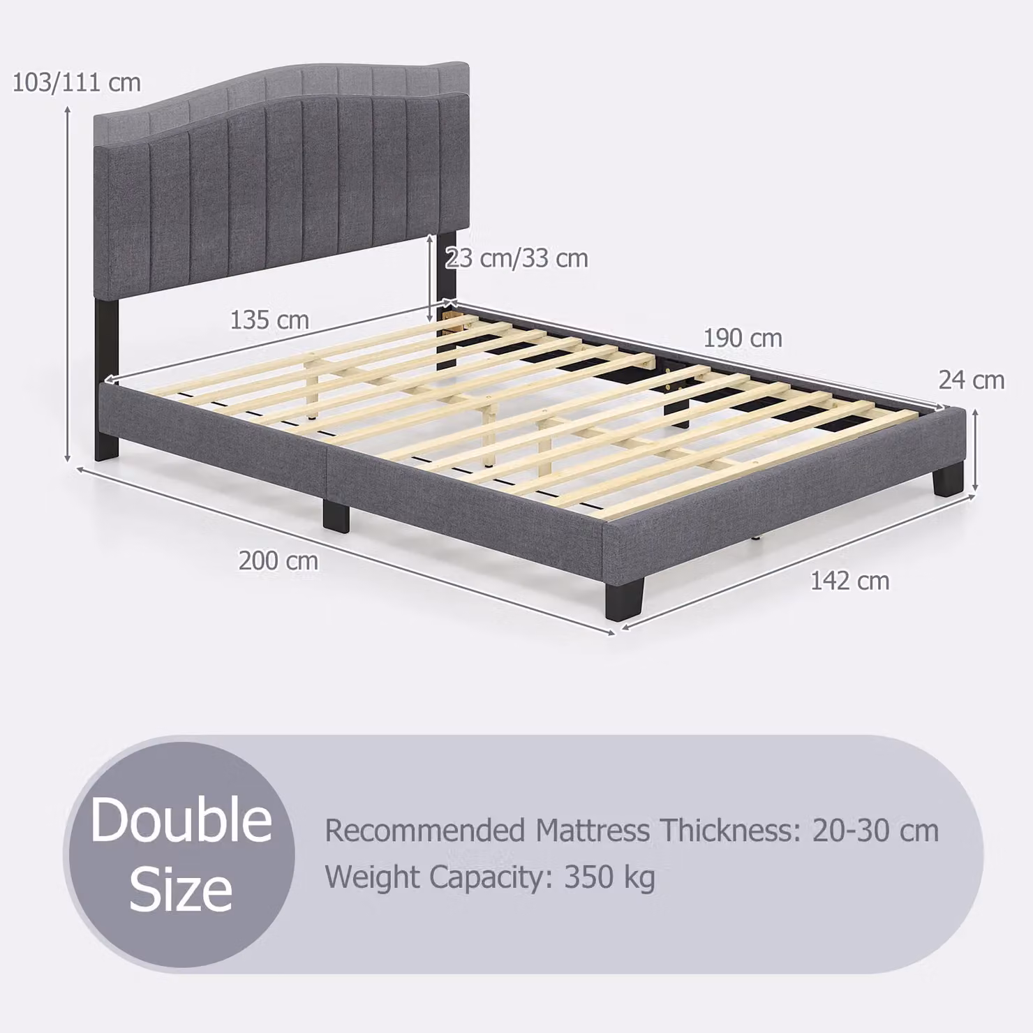 Costway Modern Upholstered Fabric Platform Bed Frame in Grey, W/D/H: 140 x 200 cm – 2