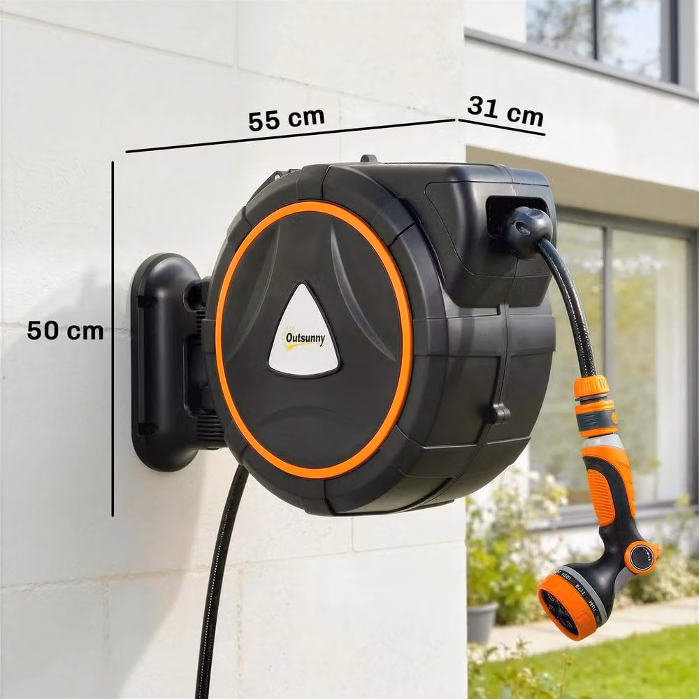 OUTSUNNY Wall Mounted Retractable Hose Reel with Auto Retraction, Orange, 28+2m – 3