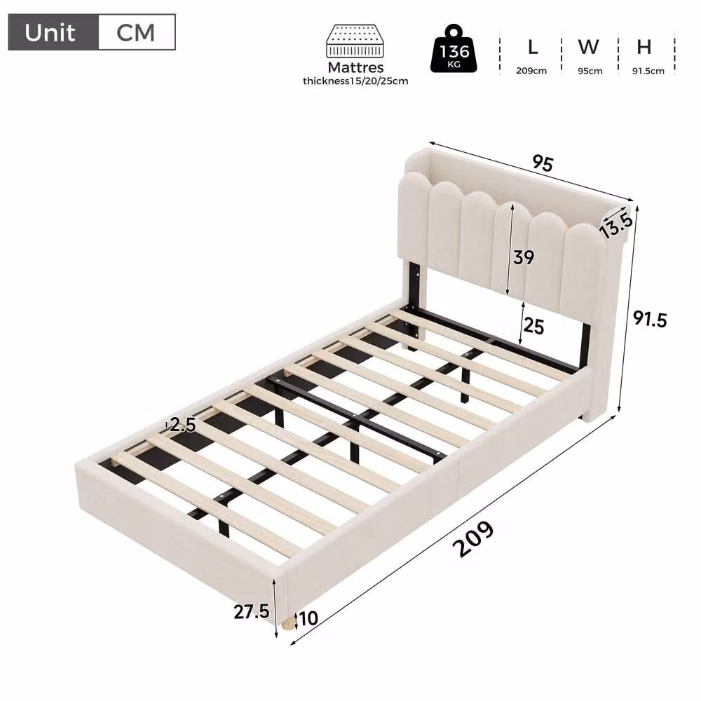 BTM Single Velvet Platform Bed Frame with USB Charging Port and Upholstered Headboard in Beige, W/D/H: 90 x 190 cm – 2