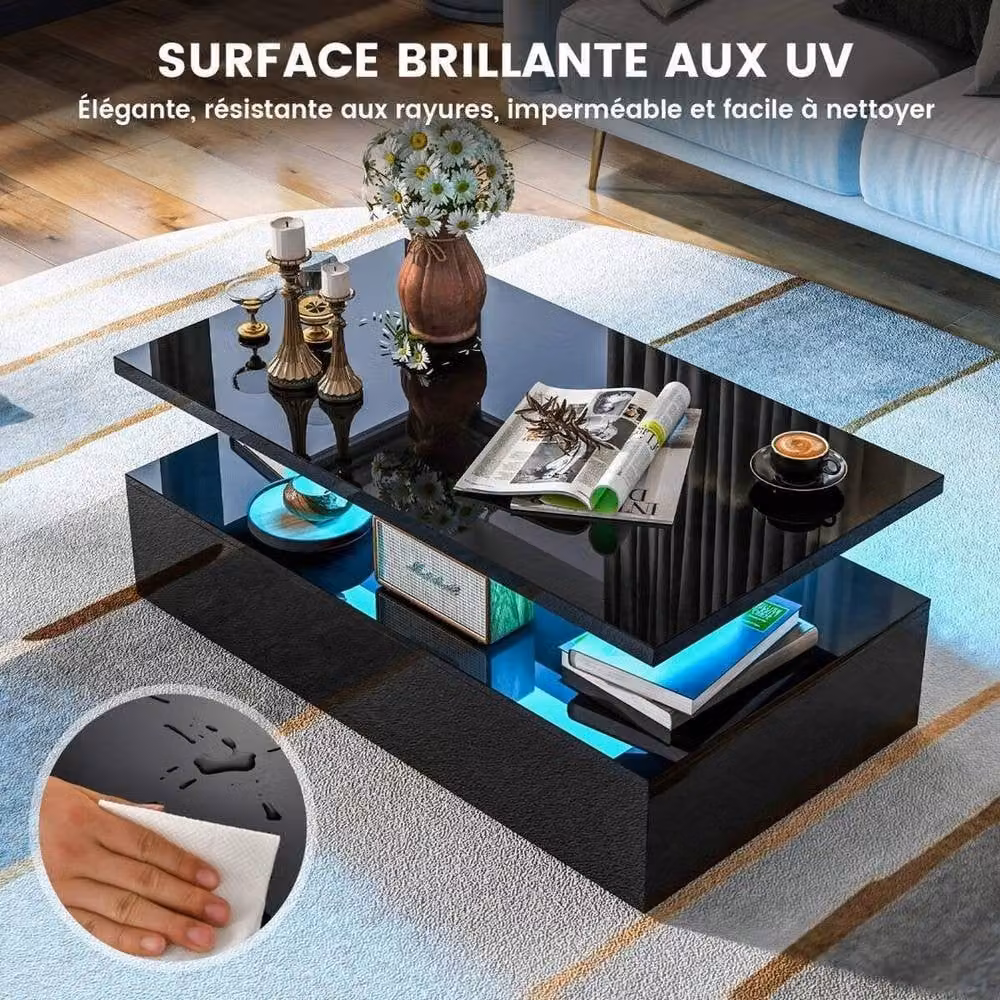 FORGEVIO 2 Tier Modern Black Coffee Table with 20 Colour LED Lights – 3