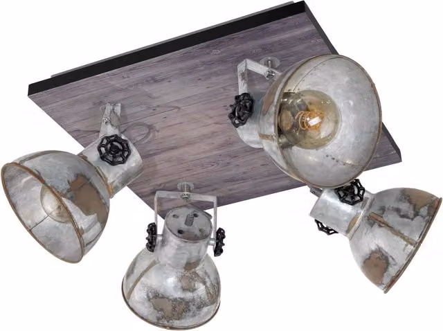 Loops Adjustable 4 Bulb Industrial Ceiling Spotlight in Black and Wood with E27 Metal Shades