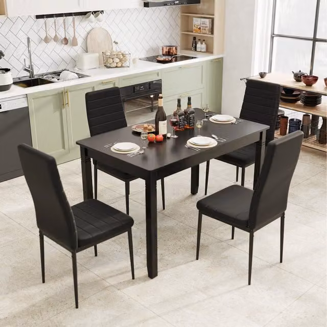 Costway 5-Piece Black Modern Kitchen and Dining Room Set with Glass Rectangular Table and Upholstered Chairs