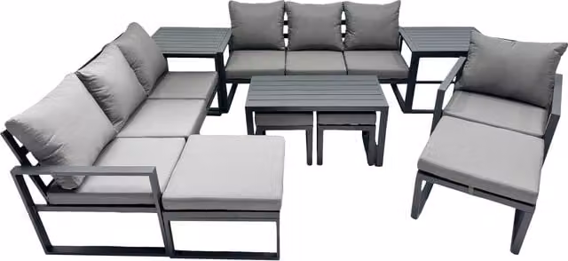 Fimous Aluminium Garden Furniture Set in Dark Grey with 3 Seat Sofa, Coffee Table, 4 Stools and 2 Side Tables – 1