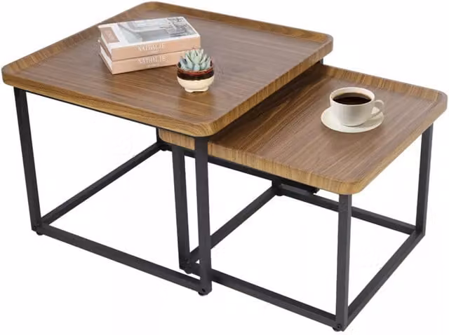 Pirlo Plush 2-Piece Industrial Nesting Tables in Walnut Brown and Black