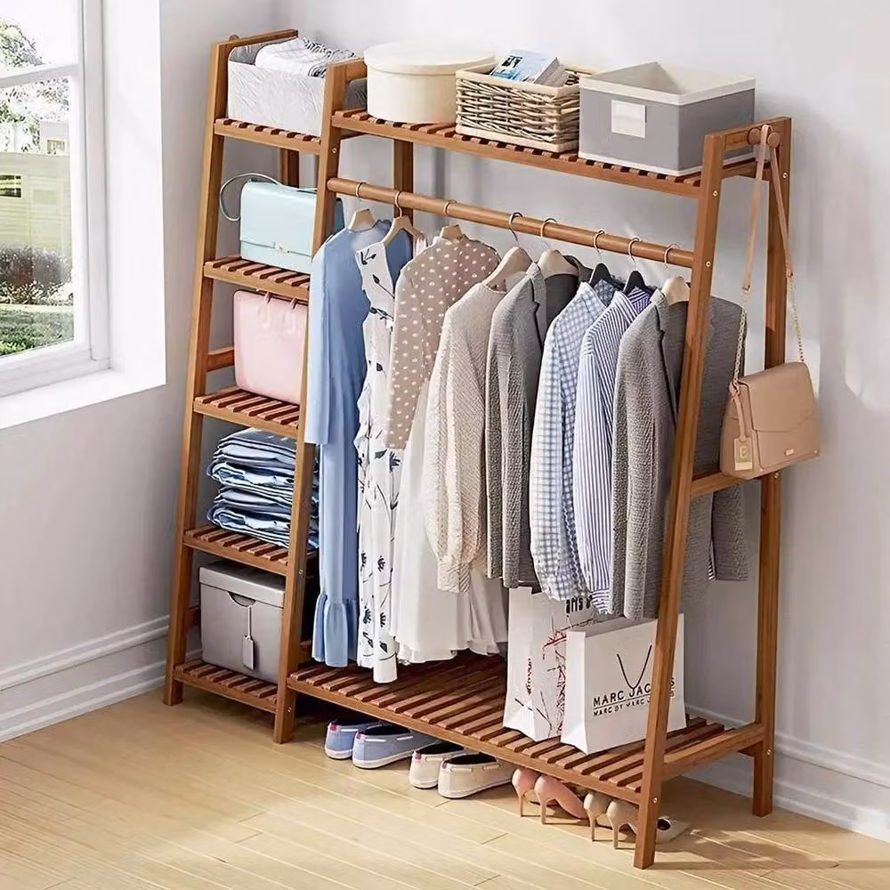 FORGEVIO Brown Bamboo Open Wardrobe Closet with Continuous Linear Hanging Clothes Rail – 3