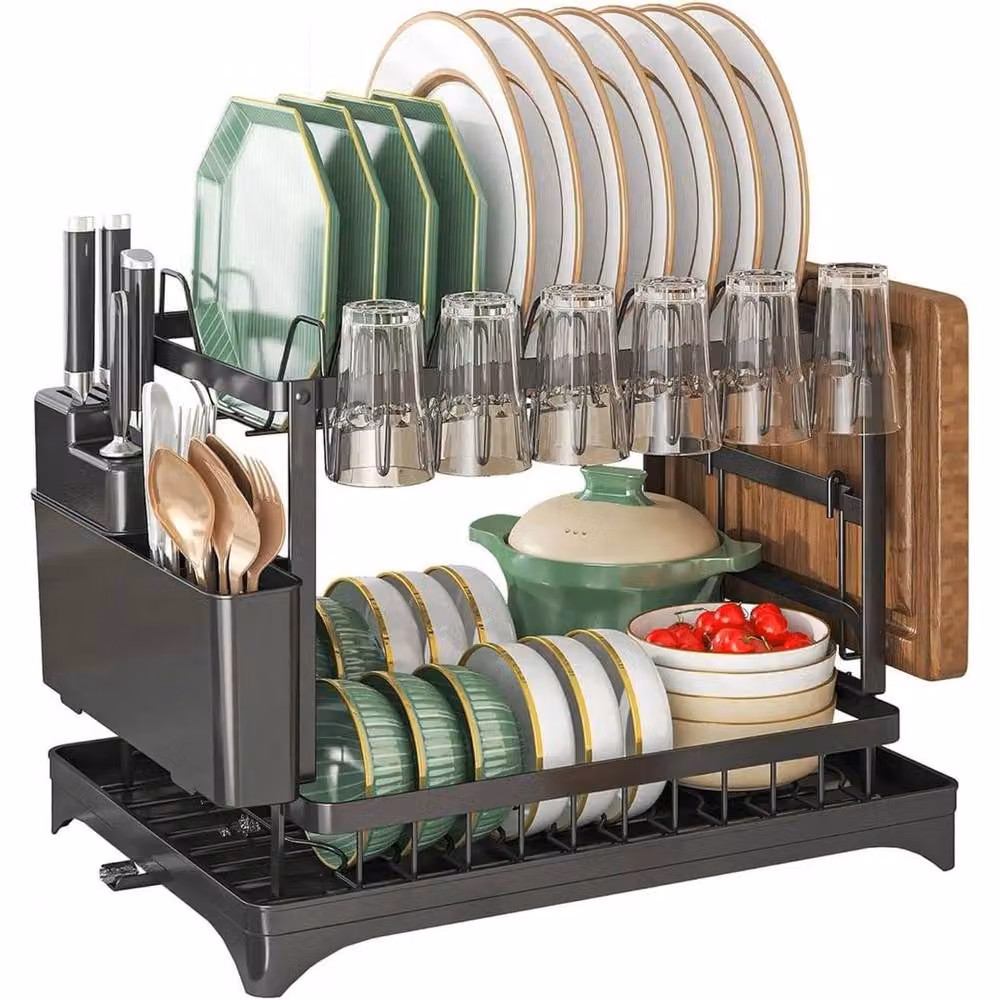 KORVIXA 2 Tier Kitchen Sink Dish Drainer Rack in Black with Cutlery and Cup Holders – 3