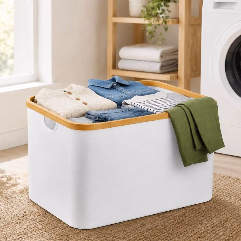 Kelvenix White Foldable Laundry Basket with Bamboo Accents, 60L – 3