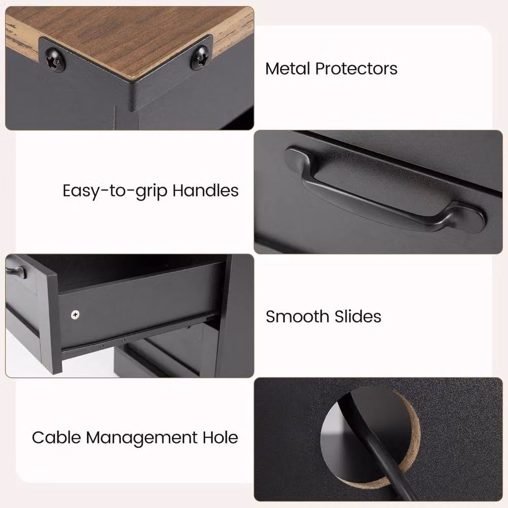 Havendro Rustic Wood Bedside End Table with Charging Grommet in Black and Multicolour – 5