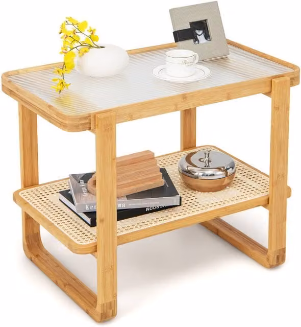 COSTWAY Scandinavian Style Brown Sofa End Table and Nightstand with Glass and Rattan Tiers