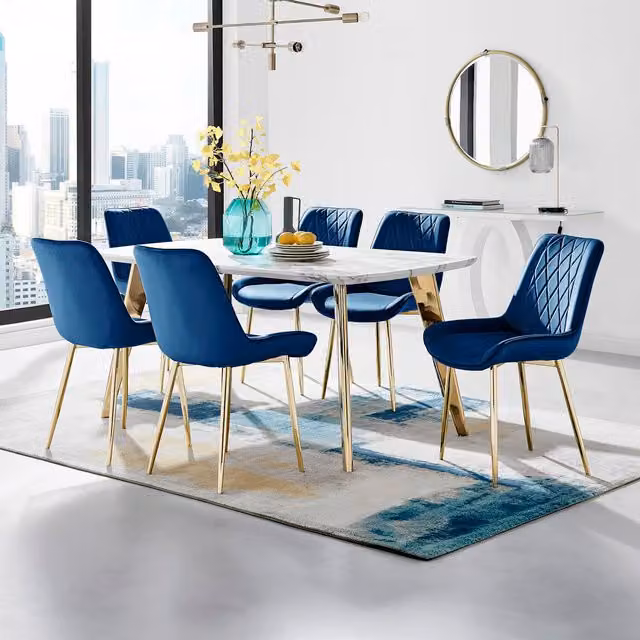FurnitureboxUK Andria Gold Leg Marble Effect Dining Table and 6 Pesaro Gold Leg Chairs in Blue