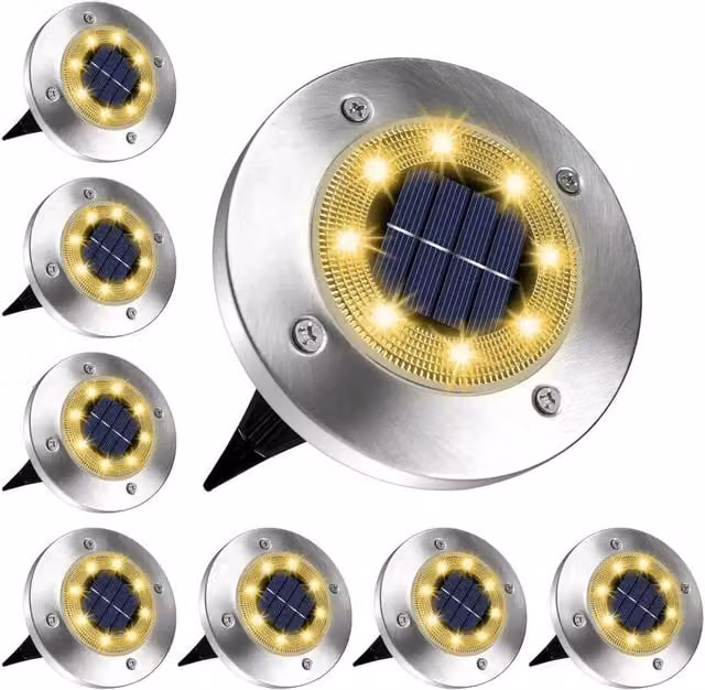 NESTLUNE 8-Pack Warm White Solar Powered Recessed Metal Ground Lights in Silver for Garden and Terrace