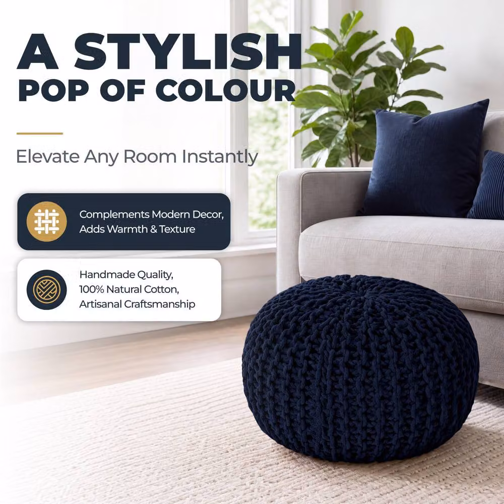Bravich LTD Chunky Knitted Cotton Round Pouffe Footstool in Blue, Diameter: 50 cm – 3