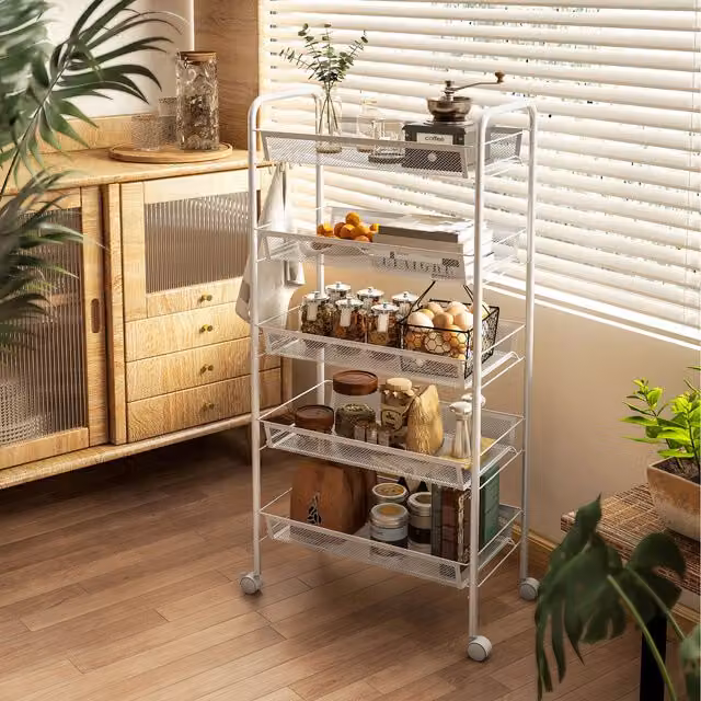 HOMCOM 5 Tier Utility Kitchen Cart with Removable Mesh Baskets, Black and White