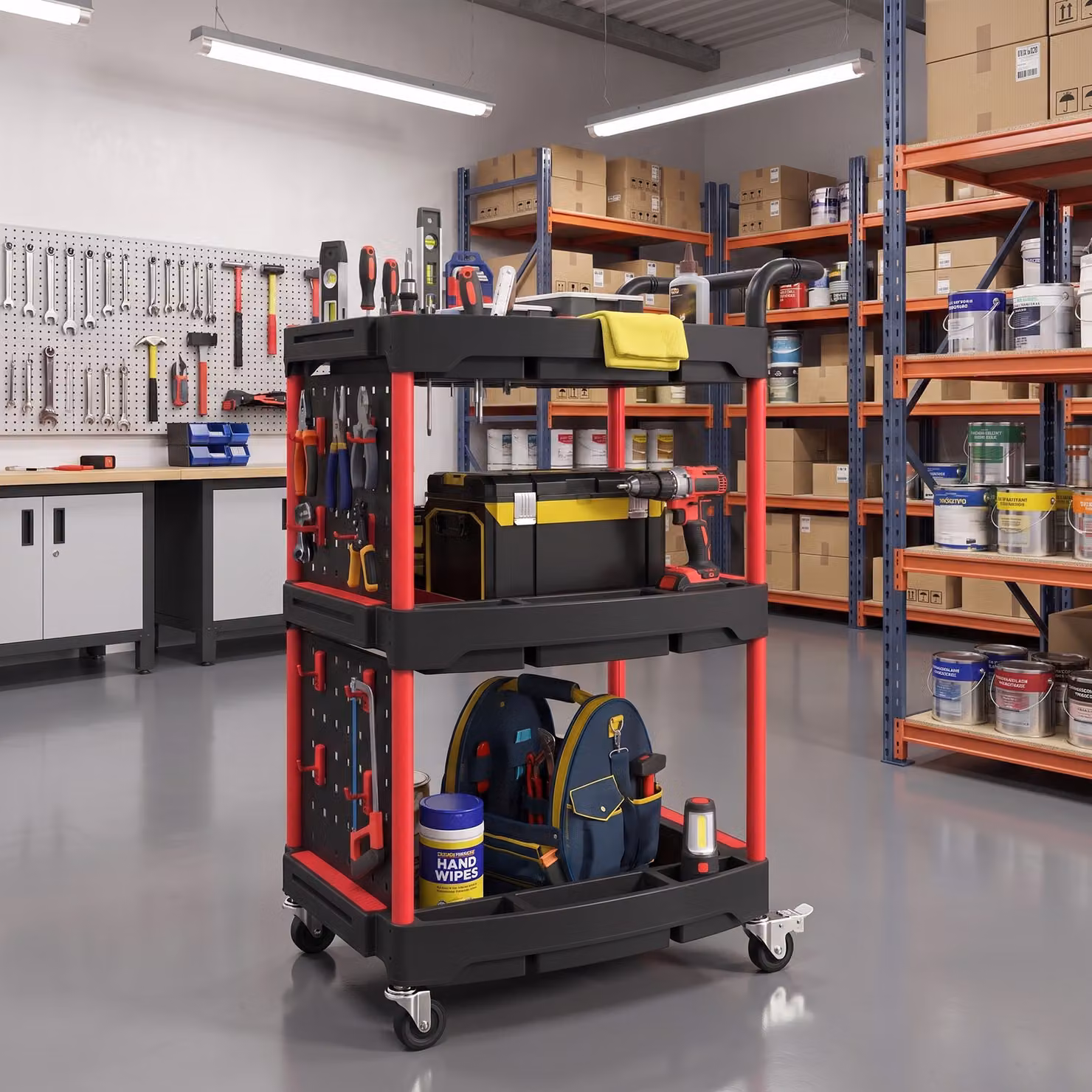 HOMCOM 3-Tier Rolling Tool Cart with Pegboard and Hooks, Black and Red Storage Trolley with Brakes – 6