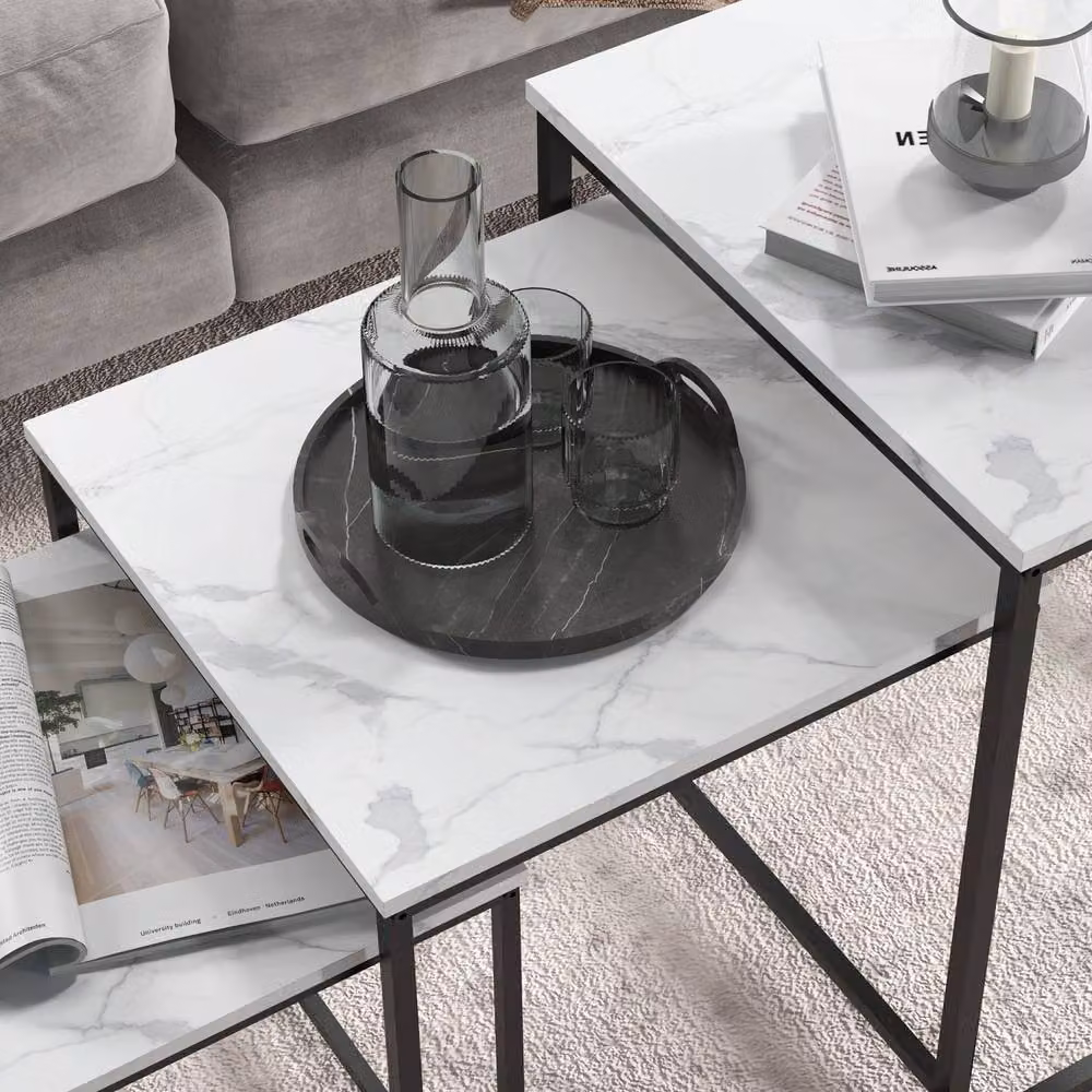 Wyld Haus Rekaco Set of 3 White Marble Effect Nesting Tables with MDF and Metal Construction – 6