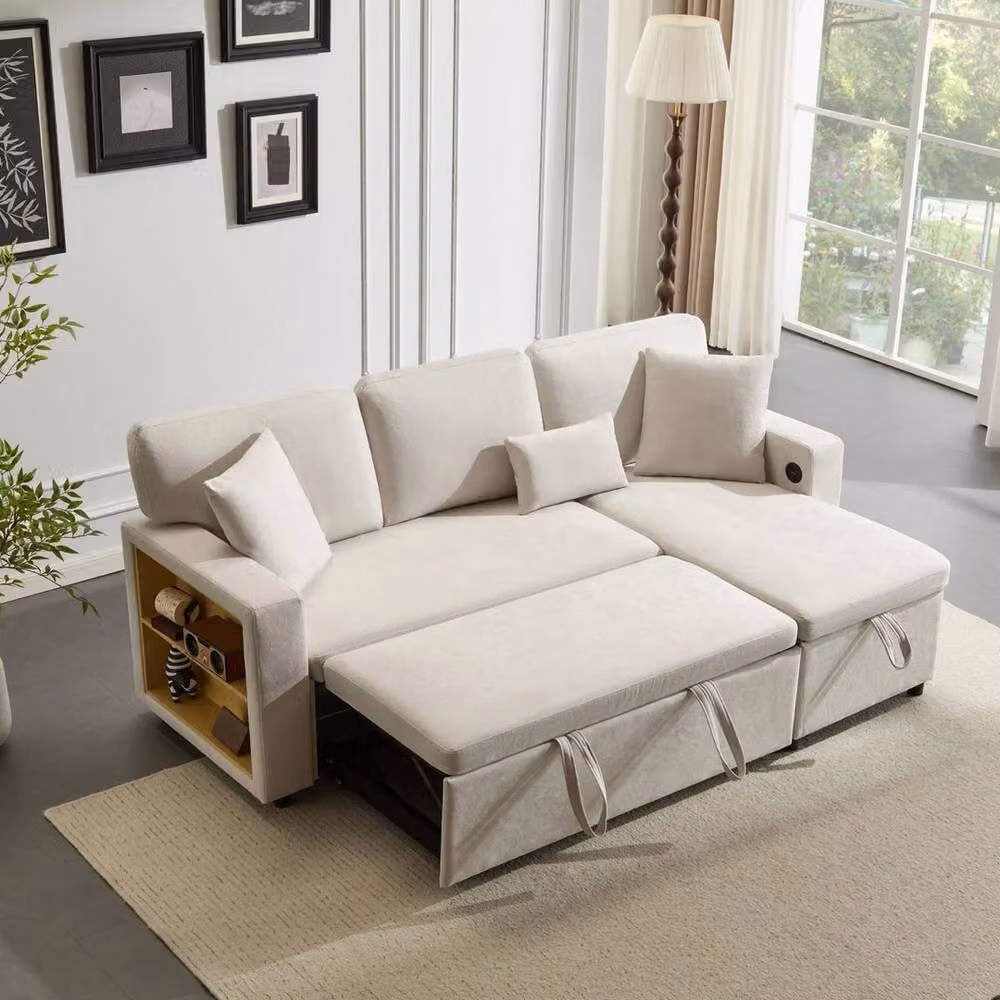 FORGEVIO 3 Seater L-Shaped Corner Sofa Bed in White with USB Charging and Reversible Fabric Design – 2