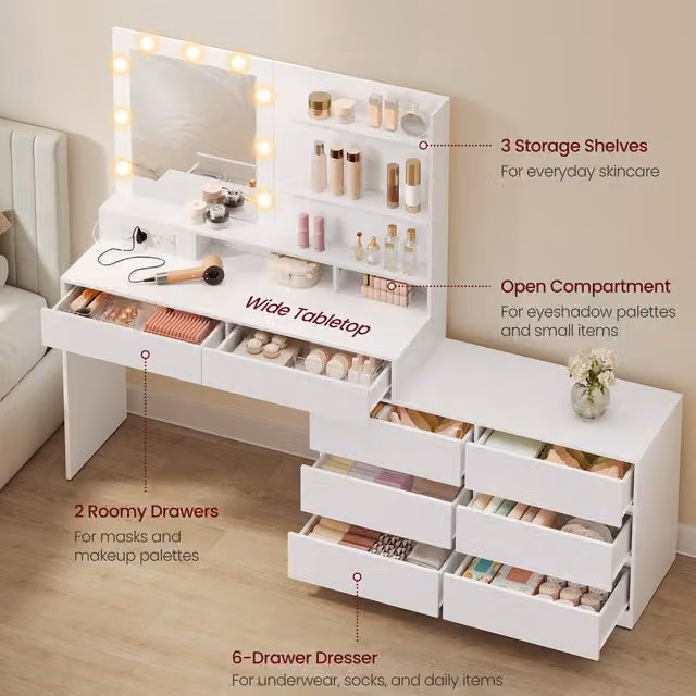 VASAGLE Minimalist Dressing Table with LED Lighted Mirror in White