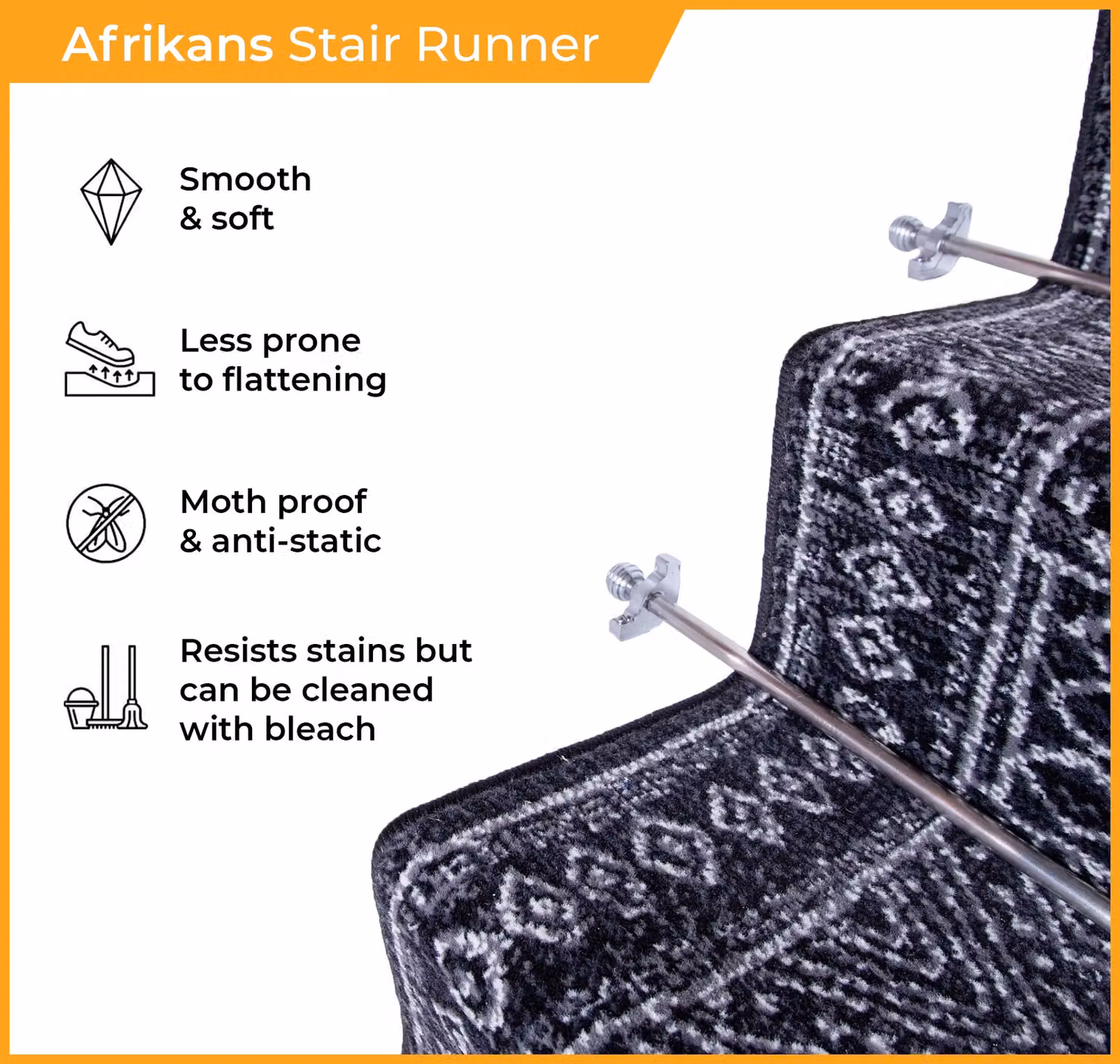 runrug Afrikans Stair Runner Carpet in Grey, W: 80 cm, L: 600 cm – 3