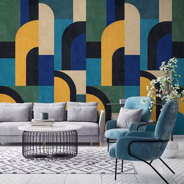 Grandeco Geo Modernist Shape 3 Lane Repeatable Wallpaper Mural in Blue and Multicolour