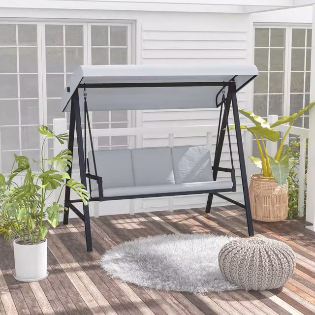 Outsunny 3-Seater Modern Garden Swing Chair with Adjustable Sun Canopy and Cushions in Light Grey