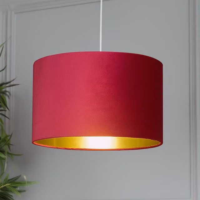Lighting Collection Burgundy Velvet Drum Lamp Shade with Gold Inner Lining, W: 38 cm, H: 24 cm