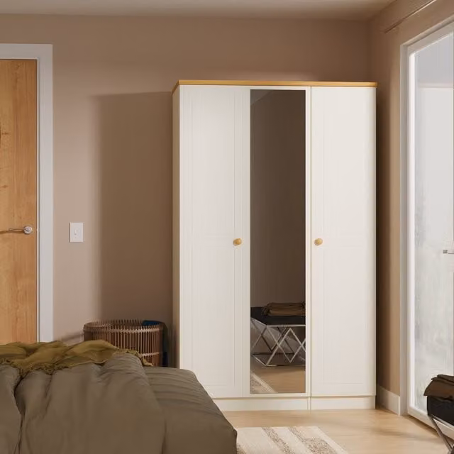 Warwick Ready Assembled Triple Mirrored Wardrobe in Cream Ash and Modern Oak