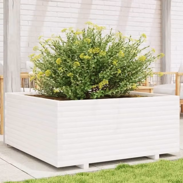Berkfield Home White Solid Pine Garden Planter Tub W/D/H: 110 x 110 x 49.5 cm