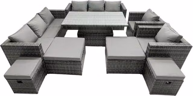 Fimous Rattan Dining Table and Sofa Set with 4 Stools in Dark Grey for 12 People