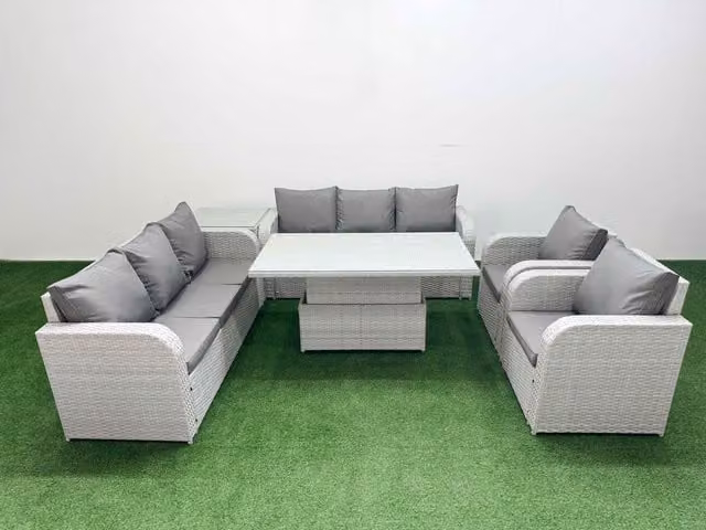 Fimous Grey PE Rattan High Back Lounge Sofa Set with 3 Seater Sofa, Reclining Chair, Side Table and Adjustable Lifting Dining or Coffee Table