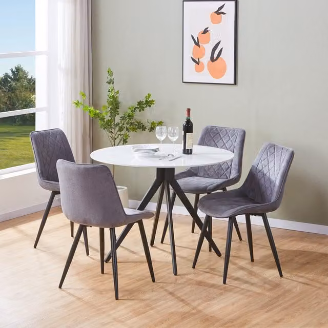 Aspen Gloss White Sintered Stone Round Dining Table and 4 Grey Cord Fabric Chairs Set