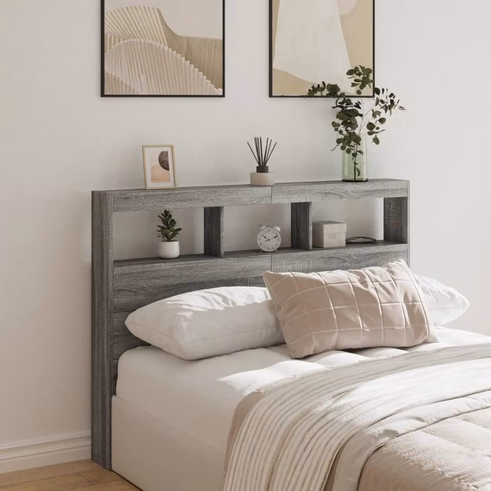 Berkfield Home Headboard Cabinet with Integrated LED Lighting in Grey Sonoma, W: 140 cm, D: 17 cm, H: 102 cm – 2