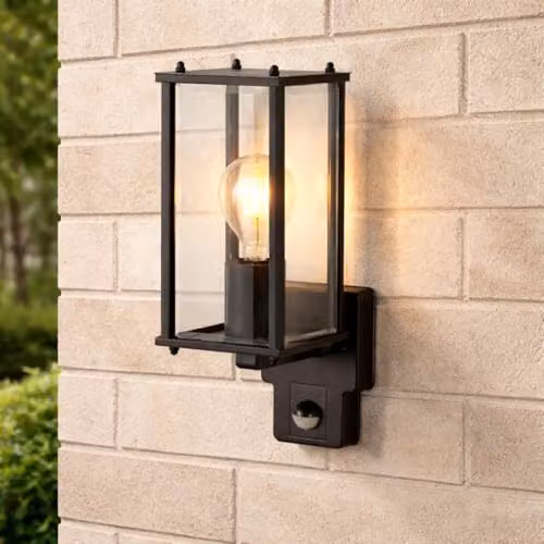 CGC Lighting Black Outdoor Wall Lantern with PIR Motion Sensor and Transparent Bevelled Glass – 3