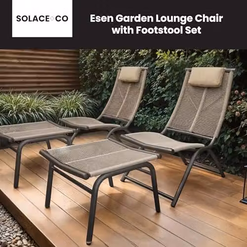 Solace+Co Esen Rattan Garden Lounge Chair and Footstool Set in Brown and Beige – 2