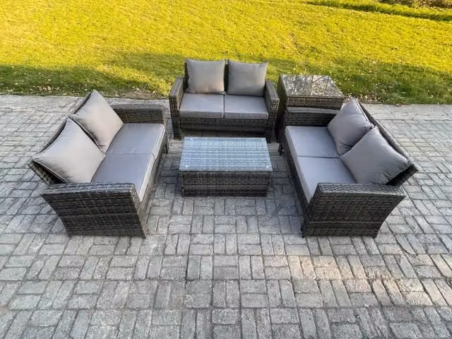 Fimous 6 Seater Dark Grey Rattan Garden Furniture Set with Upholstered Cushions, Coffee Table and Side Table