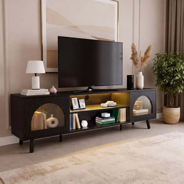 Kelvenix Modern Black LED TV Stand Cabinet with Glass and Integrated Lighting W/D/H: 100 x 47 x 35 cm